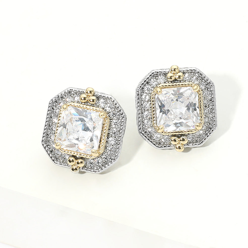 Two-Tone Square Clear Stone Post Earrings