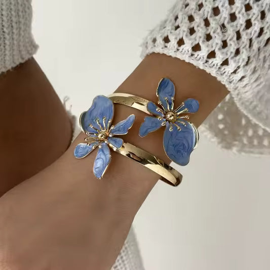 Enamel Flower Cuff Bracelet Gold Tone Floral Statement Jewelry