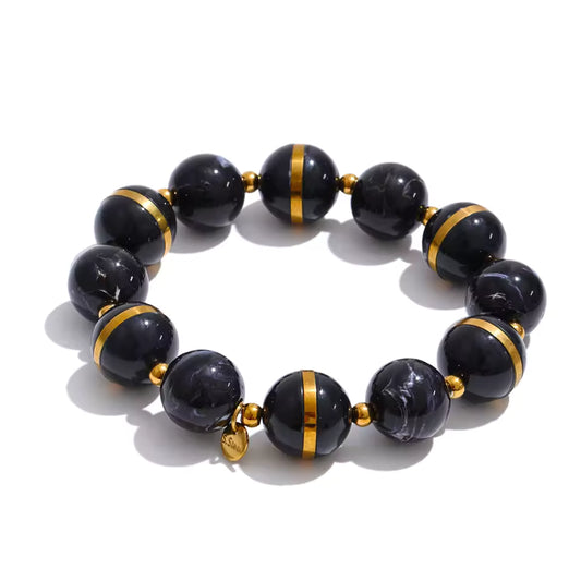 Marble Resin Bead Bracelet with Gold-Tone Accents