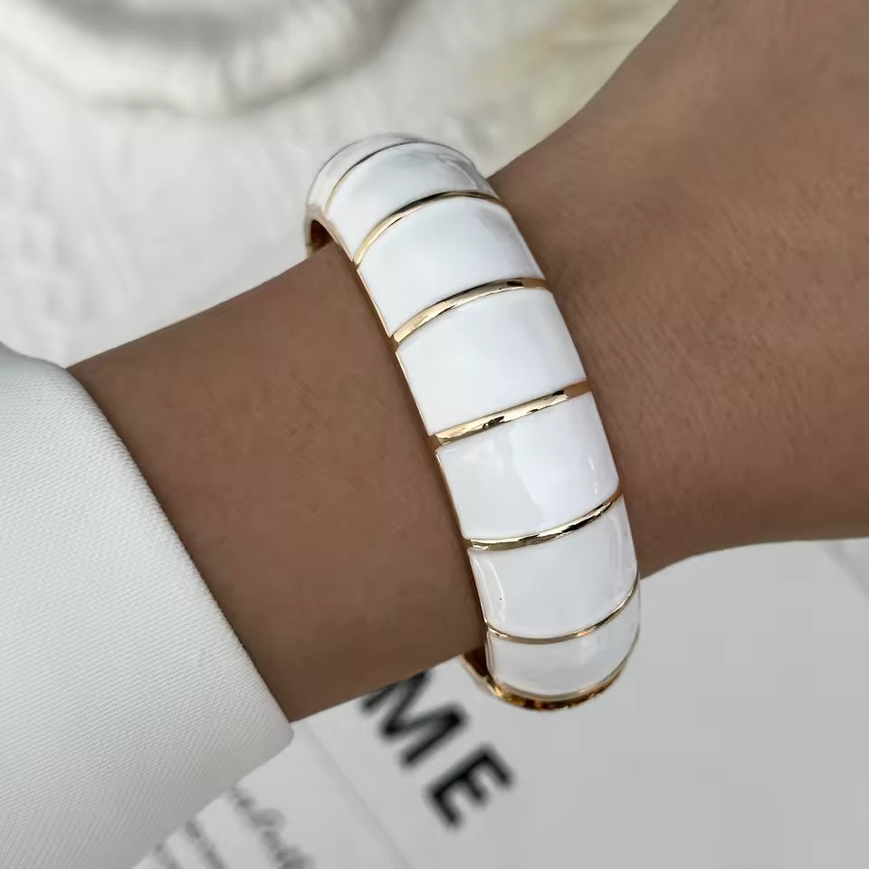 Cream Enamel Gold Tone Bangle Minimalist Stackable Bracelet