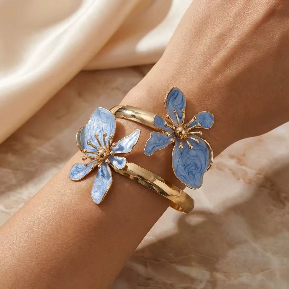 Enamel Flower Cuff Bracelet Gold Tone Floral Statement Jewelry