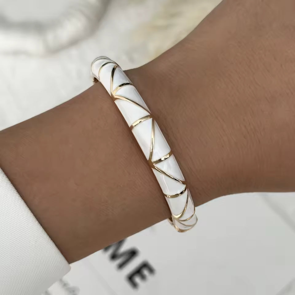 Cream Enamel Gold Tone Bangle Minimalist Stackable Bracelet