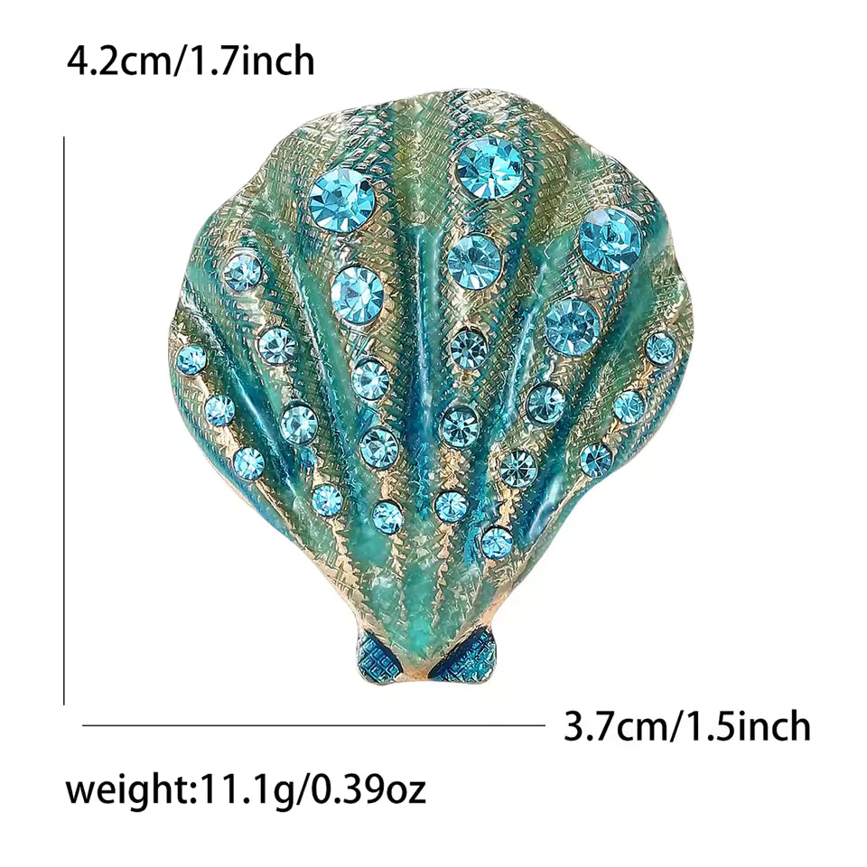 Seashell Brooch Pin Blue Enamel Crystal Statement Accessory