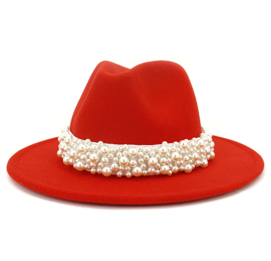 Jazz Fedora Hat Pearl Band White Felt Wide Brim