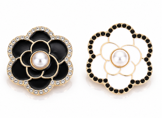 Pearl Camellia Flower Brooch Pin Set – Black & White Enamel