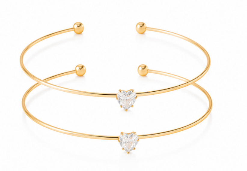 2 Piece Minimalist Gold Heart Crystal Open Cuff Bracelet Set for Women