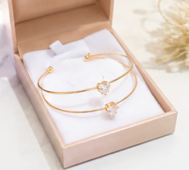 2 Piece Minimalist Gold Heart Crystal Open Cuff Bracelet Set for Women