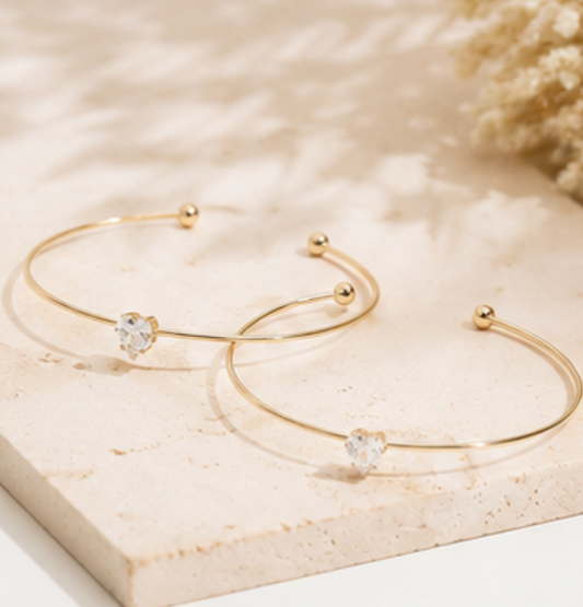 2 Piece Minimalist Gold Heart Crystal Open Cuff Bracelet Set for Women