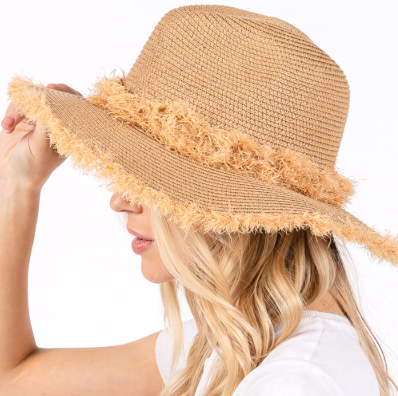 Rustic Frayed Straw Hat with Decorative Band