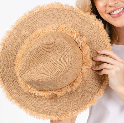 Rustic Frayed Straw Hat with Decorative Band
