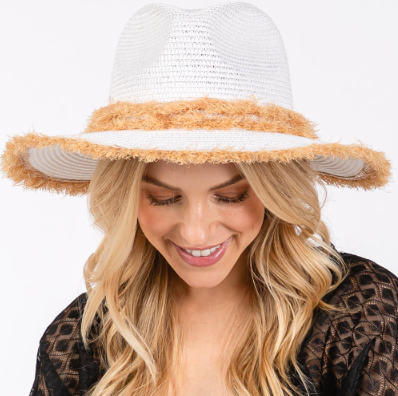 Rustic Frayed Straw Hat with Decorative Band