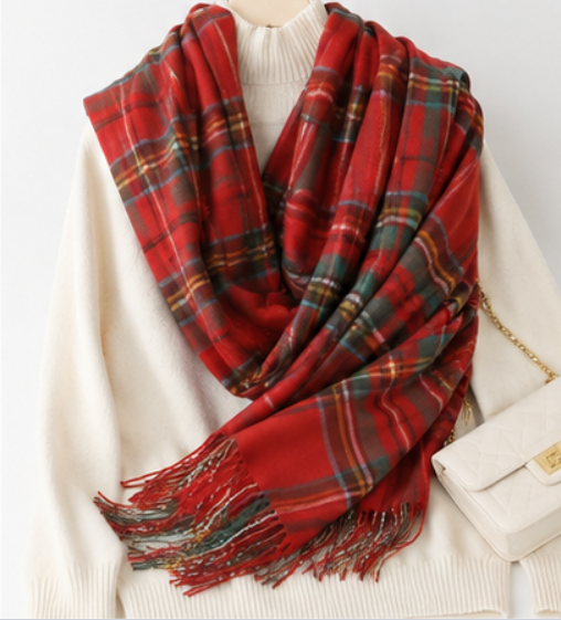 Women's Red Plaid Scarf Oversized Tartan Winter Wrap Tassel Shawl