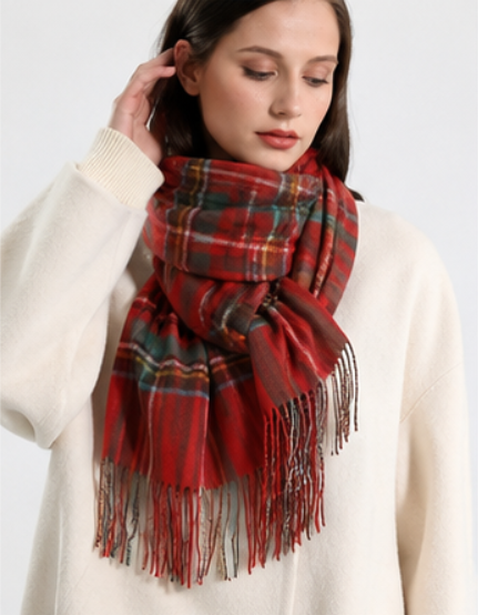 Women's Red Plaid Scarf Oversized Tartan Winter Wrap Tassel Shawl