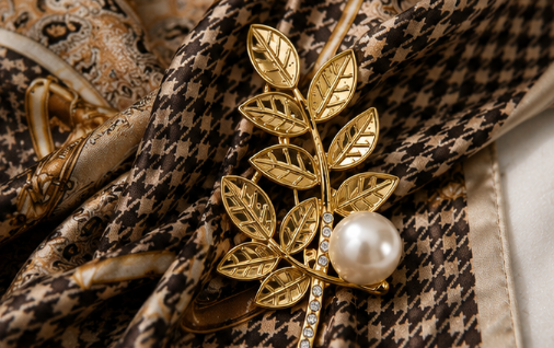 Paisley Houndstooth Silk-Feel Scarf & Gold Leaf Pearl Brooch Set