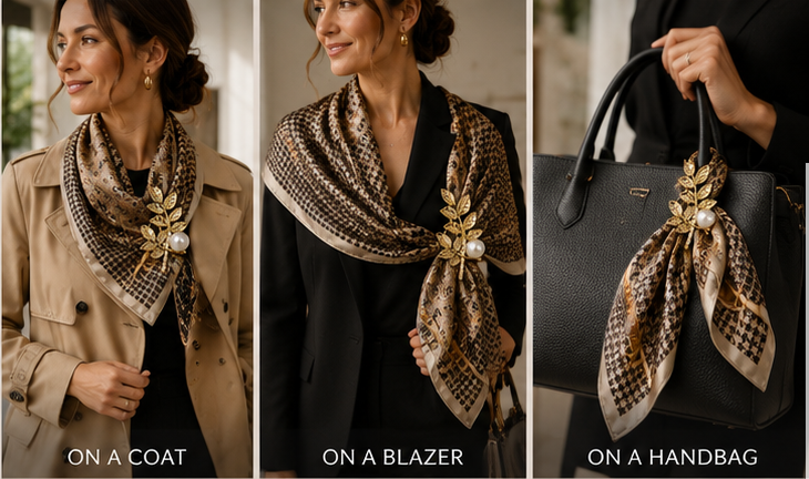 Paisley Houndstooth Silk-Feel Scarf & Gold Leaf Pearl Brooch Set
