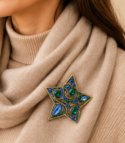 3-Piece Celestial Brooch Set – Sun, Moon & Star Statement Pins in Gold Tone