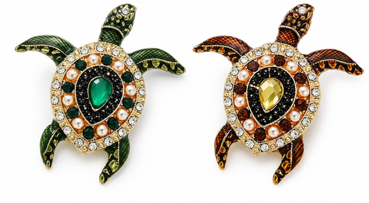 Sea Turtle Brooch Set of 2 | Green Enamel, Faux Pearl & Rhinestone | Gold Tone | 2" x 2"
