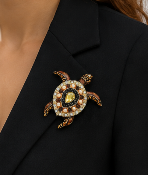 Sea Turtle Brooch Set of 2 | Green Enamel, Faux Pearl & Rhinestone | Gold Tone | 2" x 2"