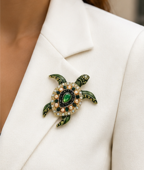 Sea Turtle Brooch Set of 2 | Green Enamel, Faux Pearl & Rhinestone | Gold Tone | 2" x 2"