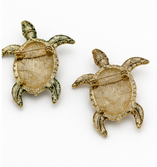 Sea Turtle Brooch Set of 2 | Green Enamel, Faux Pearl & Rhinestone | Gold Tone | 2" x 2"