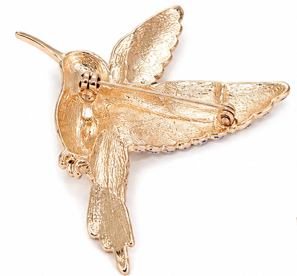 Hummingbird Brooch Pin | Blue Floral Enamel & Rhinestone | Gold Tone | 3" x 3"