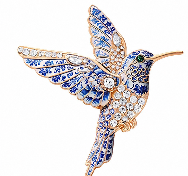 Hummingbird Brooch Pin | Blue Floral Enamel & Rhinestone | Gold Tone | 3" x 3"