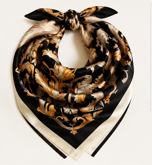 Large Square Silk Blend Scarf 35" x 35" | Baroque Scroll Print | Black, Ivory & Gold