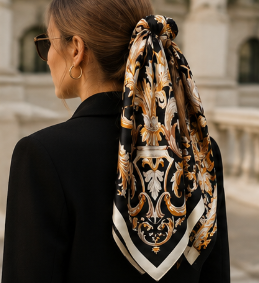 Large Square Silk Blend Scarf 35" x 35" | Baroque Scroll Print | Black, Ivory & Gold