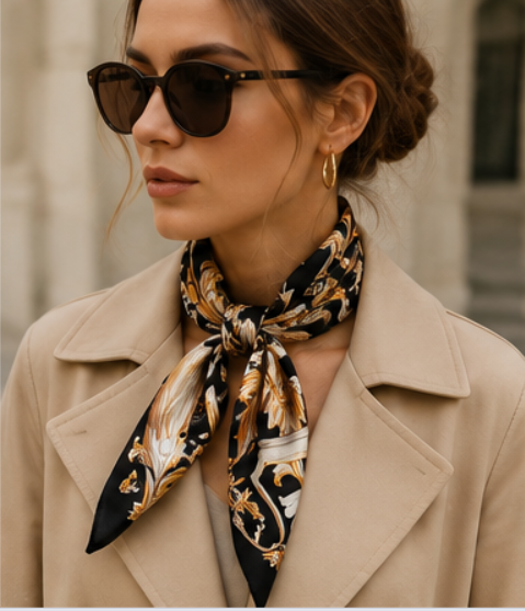 Large Square Silk Blend Scarf 35" x 35" | Baroque Scroll Print | Black, Ivory & Gold