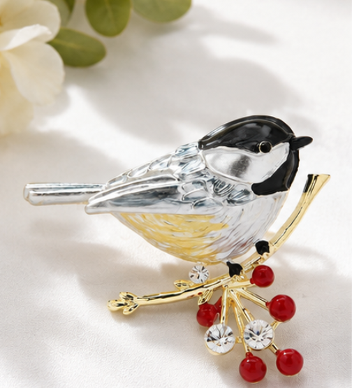 2" x 2" Chickadee Bird Brooch Pin Rhinestone Enamel Animal Jewelry Winter Gift