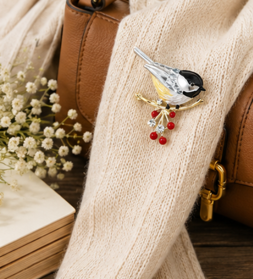 2" x 2" Chickadee Bird Brooch Pin Rhinestone Enamel Animal Jewelry Winter Gift