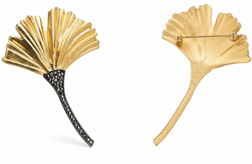 3" x 4" Vintage Style Gold Ginkgo Leaf Brooch Pin Dark Black Crystal Long Stem