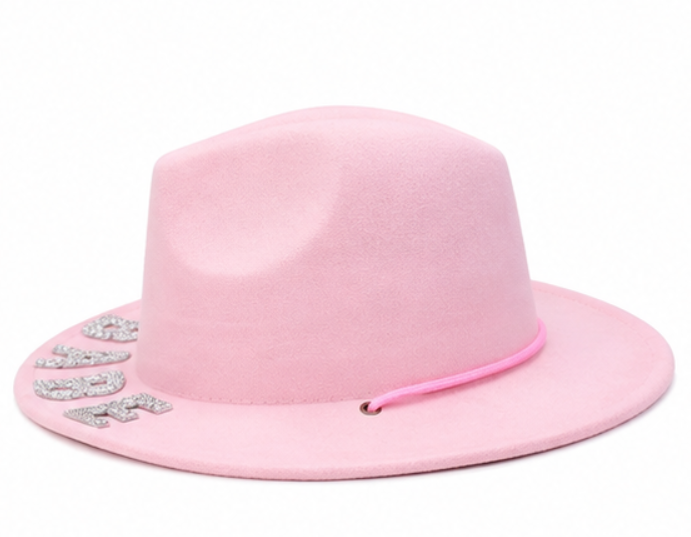 Pink "BABE" Rhinestone Fedora Hat - Wide Brim Western Style with Adjustable Fit