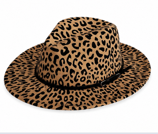 Women's Leopard Print Wide Brim Fedora Hat with Faux Leather Band