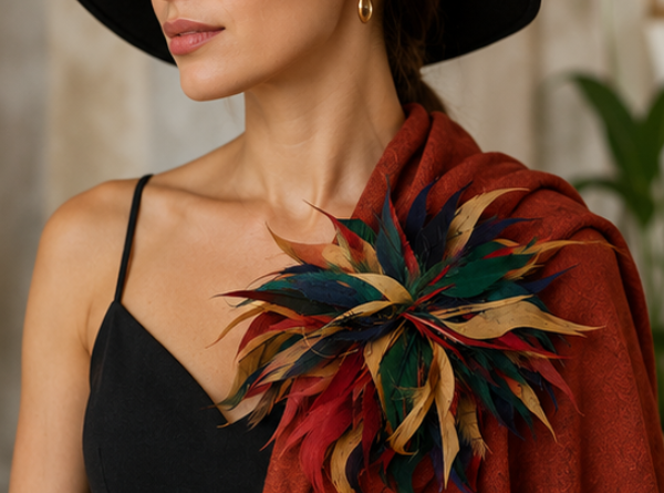 Oversized Multicolor Feather Brooch & Hair Clip – Dual-Use Statement Accessory for Women
