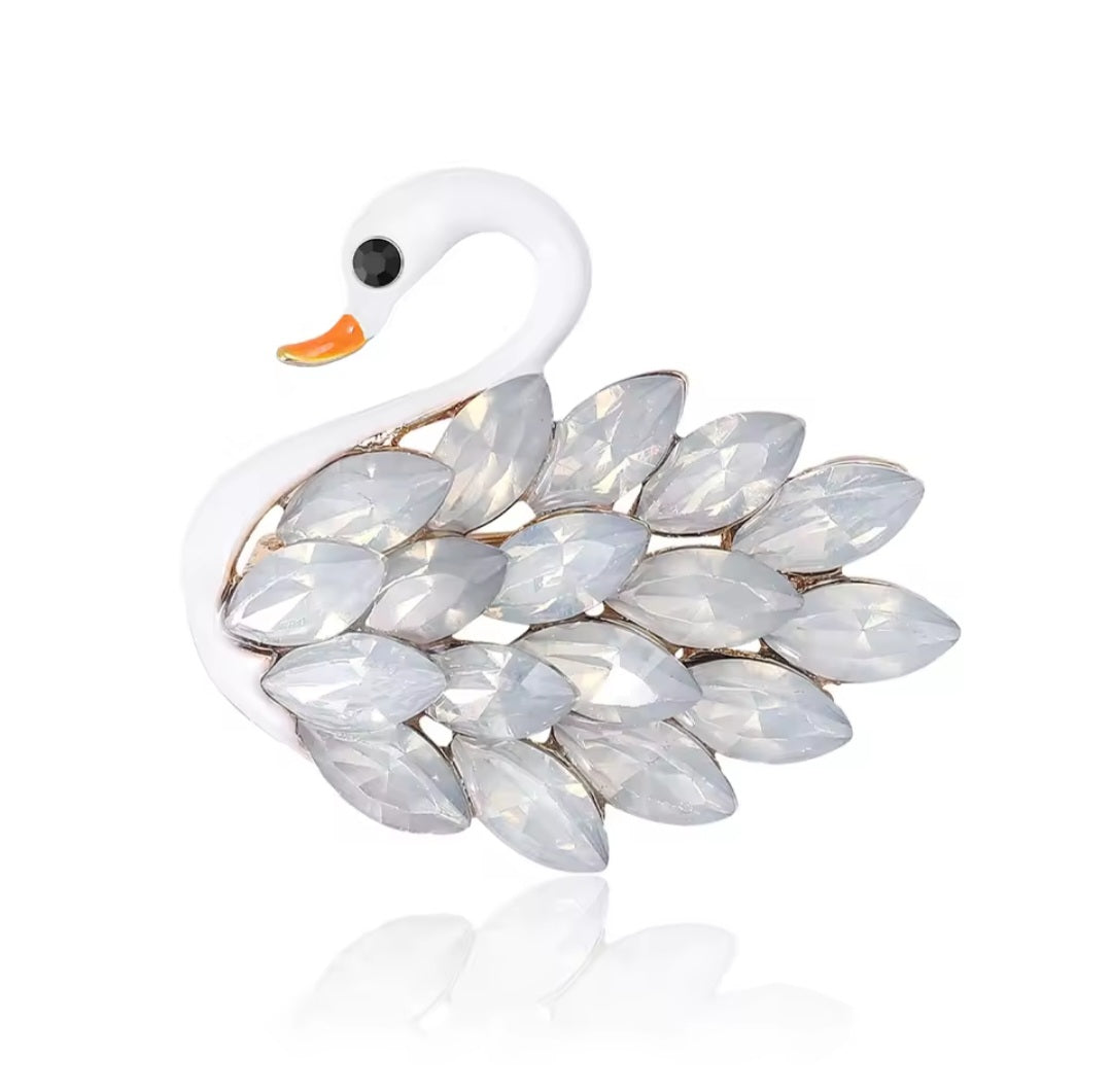 Crystal Swan Brooch Set | Black & White Rhinestone Bird Pin Duo for Women