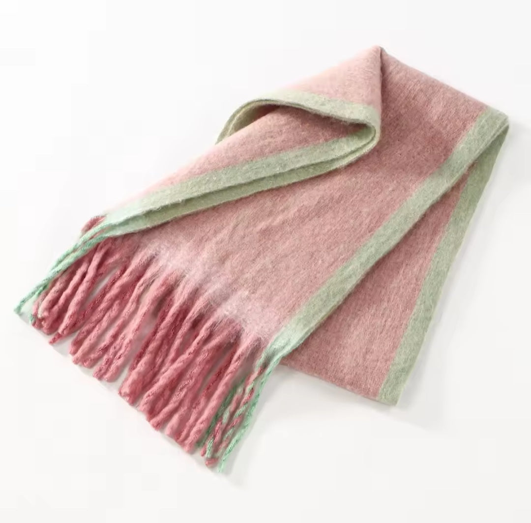 Oversized Winter Scarf in Blush Pink & Sage Green