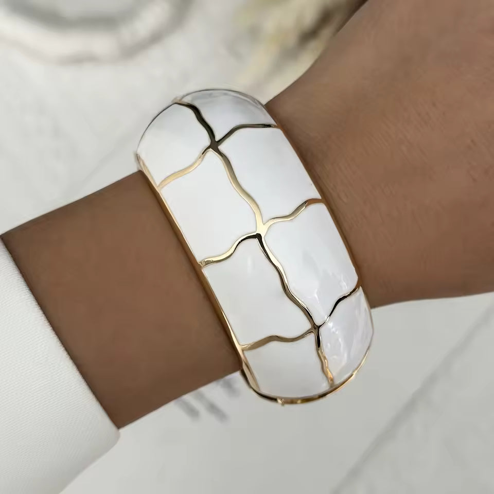 Cream Enamel Gold Tone Bangle Minimalist Stackable Bracelet