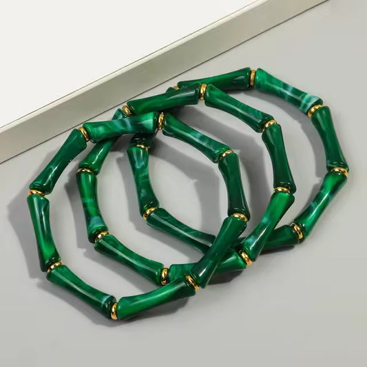 Green Faux Malachite Bamboo Elastic Bracelet Set Stacking Boho Jewelry