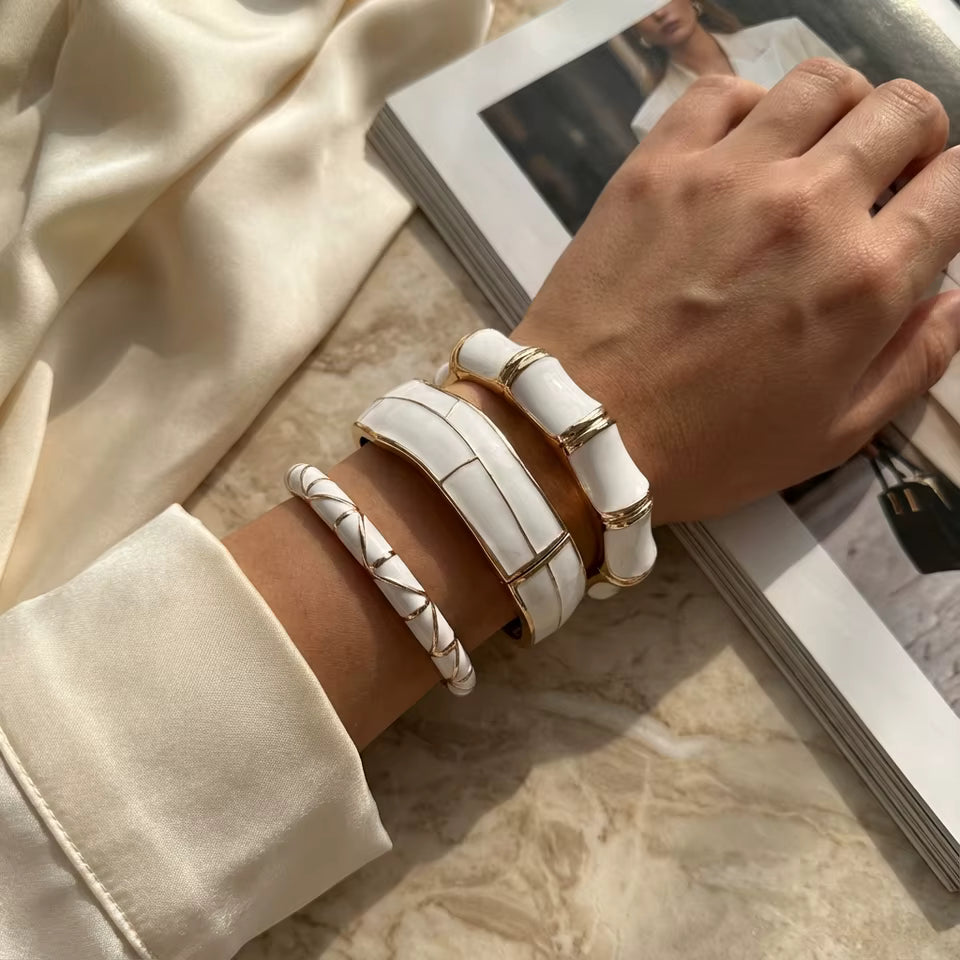 Cream Enamel Gold Tone Bangle Minimalist Stackable Bracelet