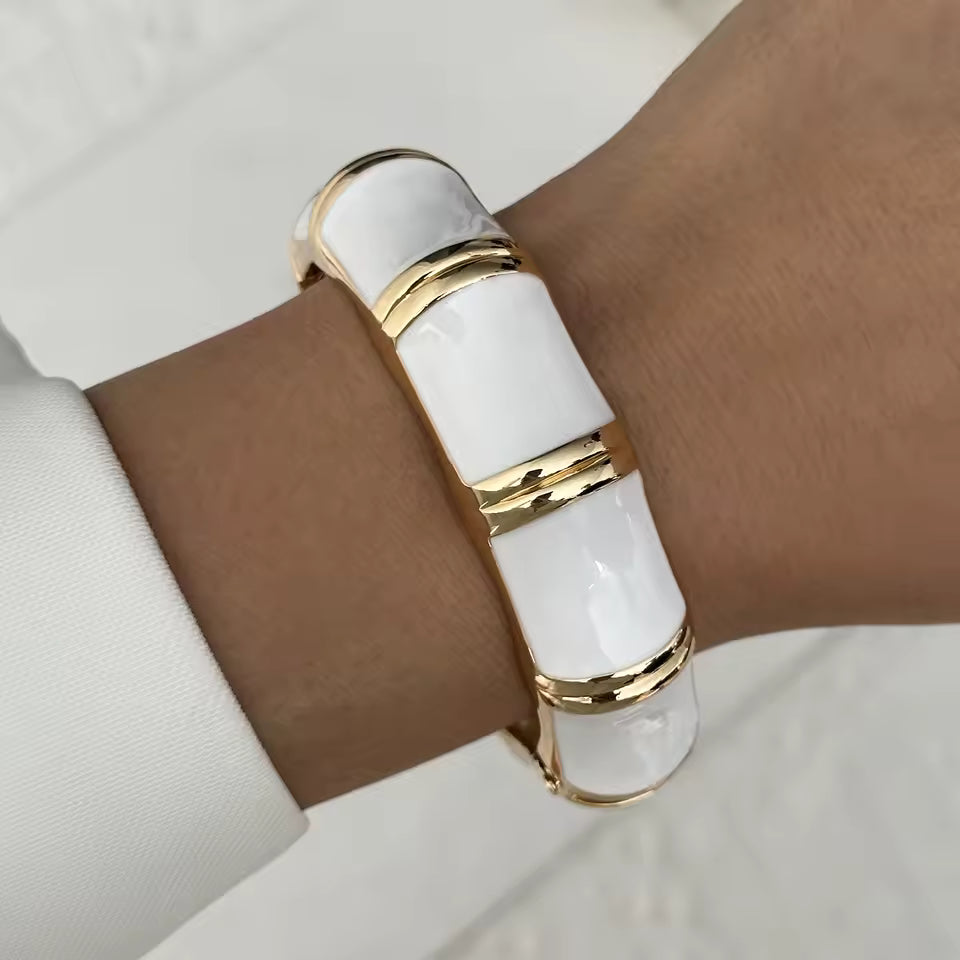 Cream Enamel Gold Tone Bangle Minimalist Stackable Bracelet