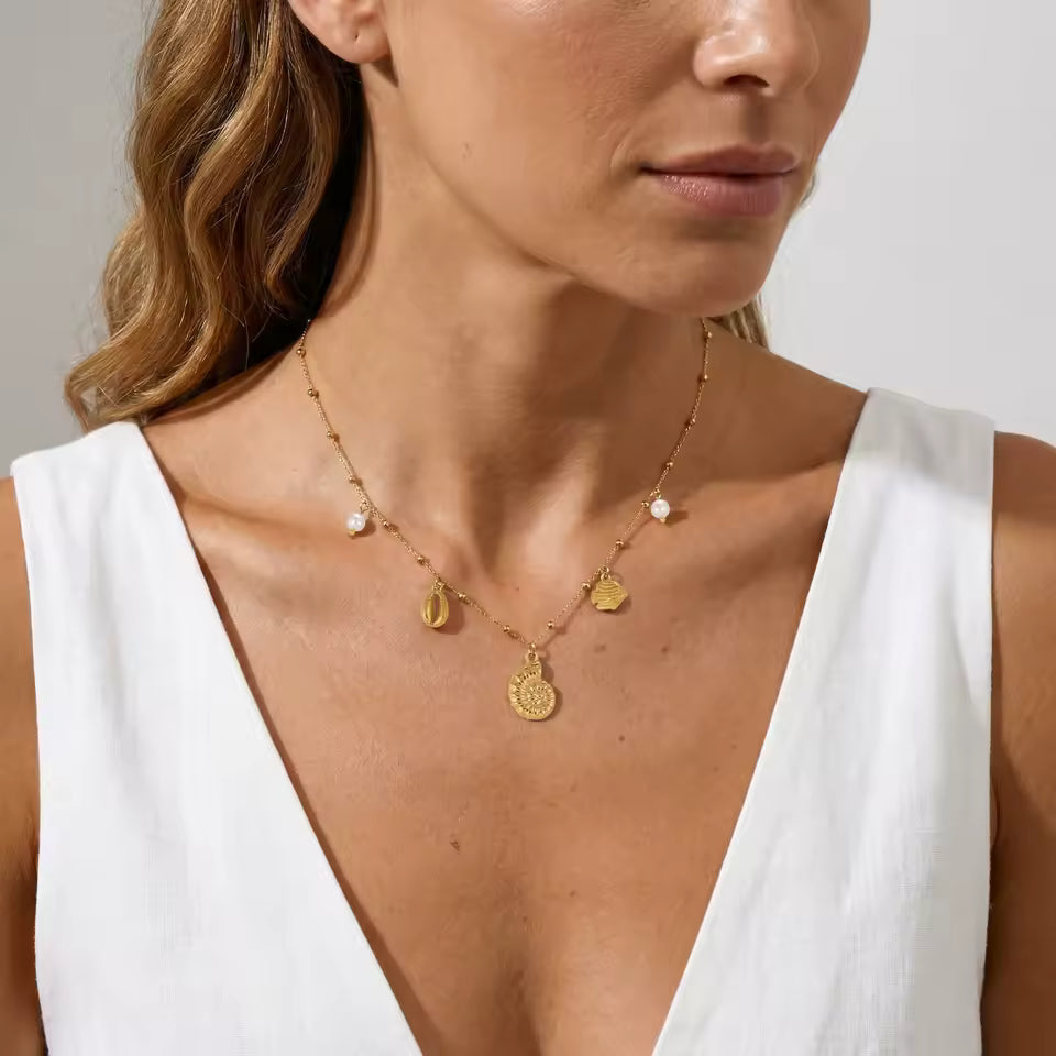 Gold-Plated Nautical Charm Necklace with Freshwater Pearl