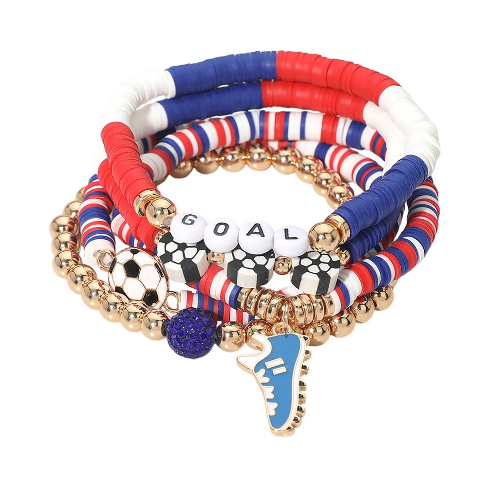 5PCS Soccer Shoe Charm Goal Message Heishi Beaded Stretch Bracelet Set Multi Layered Sports Fan Jewelry Game Day World Cup Accessories