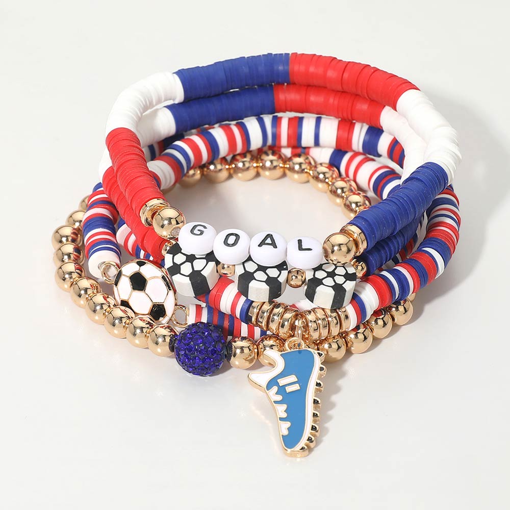5PCS Soccer Shoe Charm Goal Message Heishi Beaded Stretch Bracelet Set Multi Layered Sports Fan Jewelry Game Day World Cup Accessories