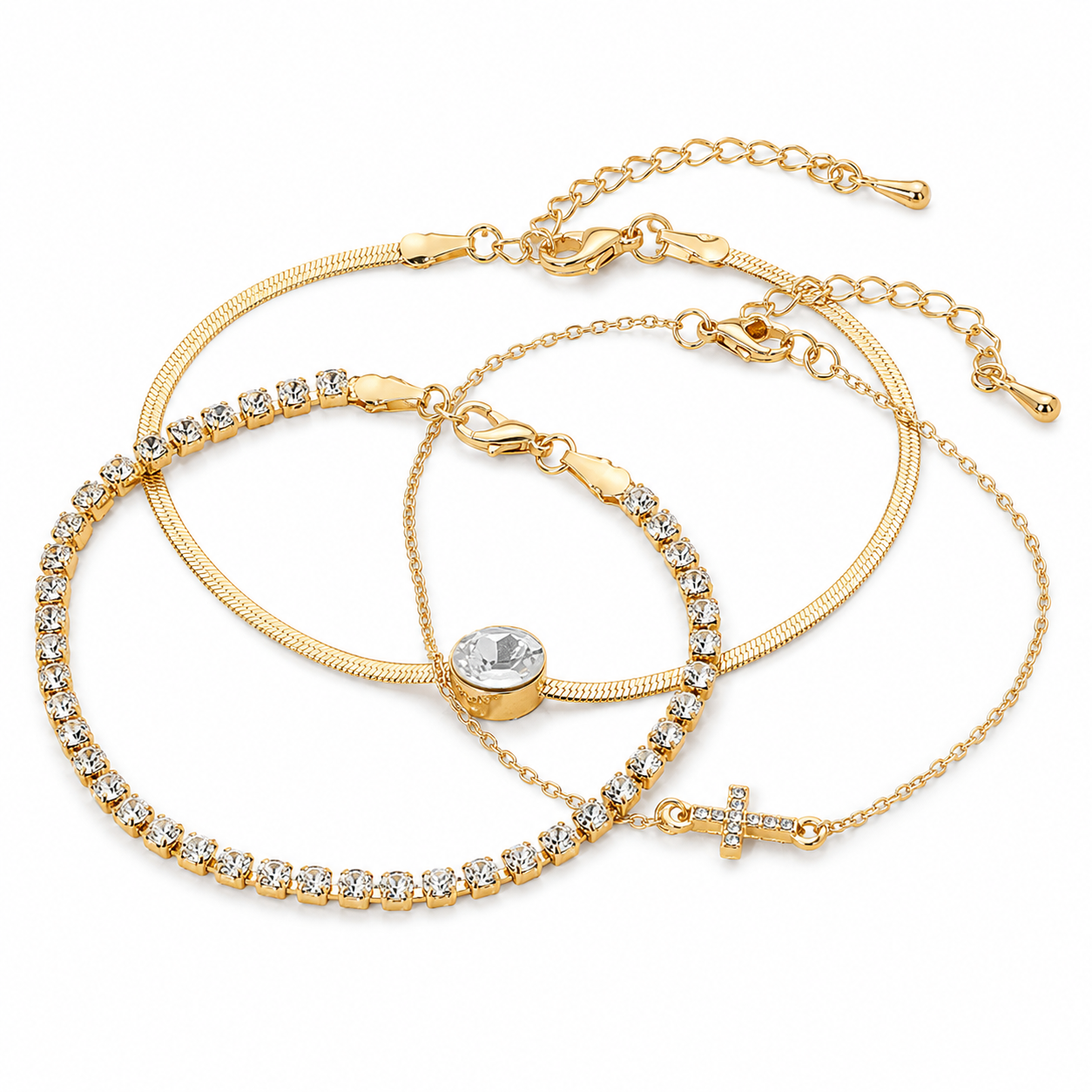 3-Piece Gold Tone Crystal Cross Bracelet Set for Women