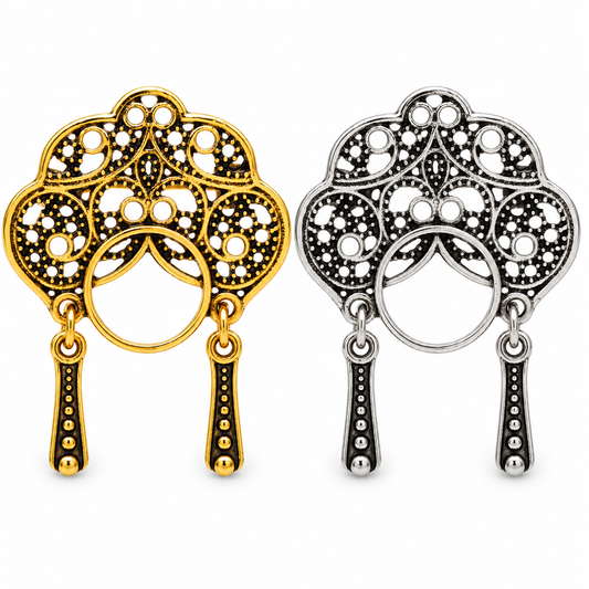 Chinese Opera Character Brooch Set | Gold & Silver Eyeglass Holder Pins, Set of 2