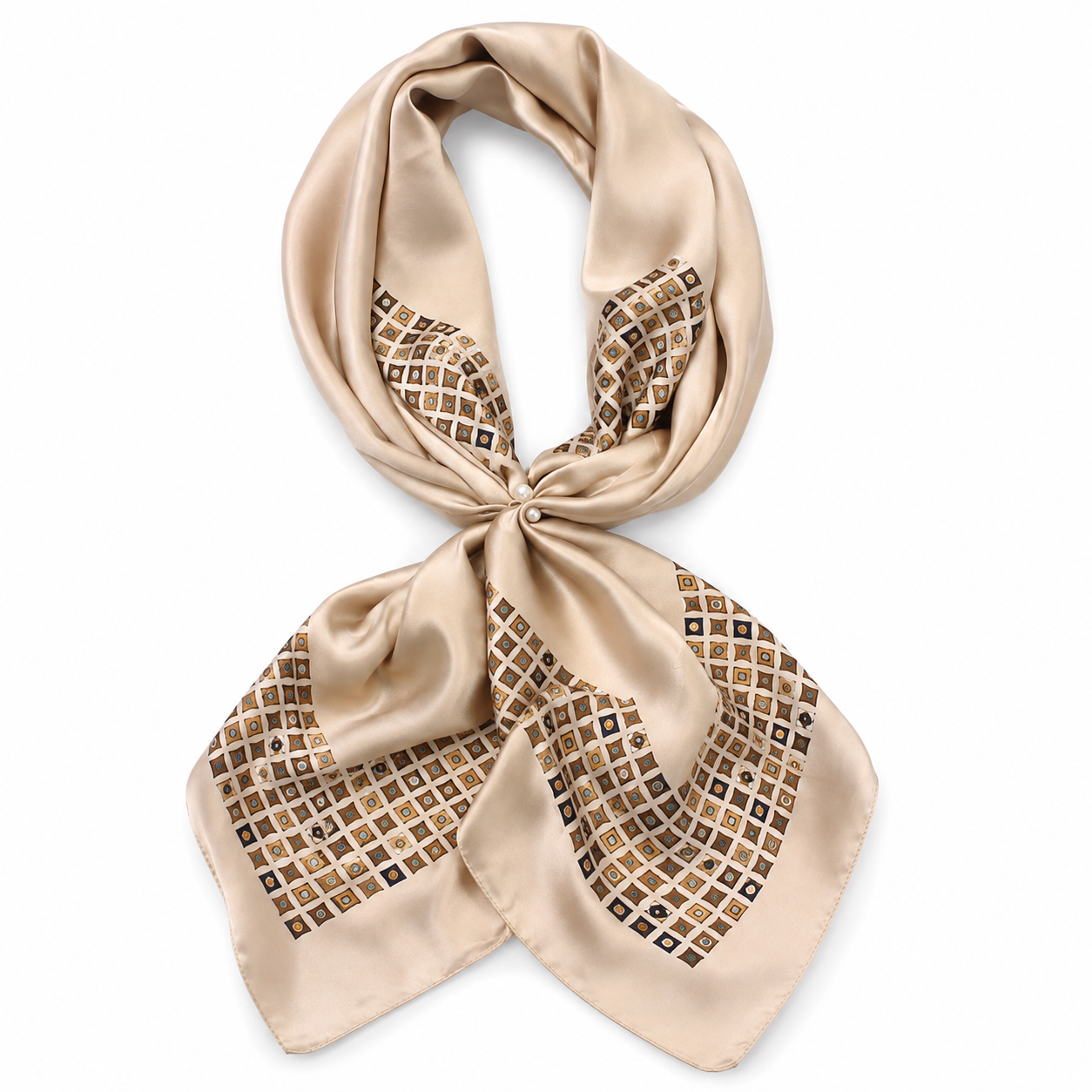 Champagne Silk-Feel Square Scarf with Geometric Border | 35" x 35"