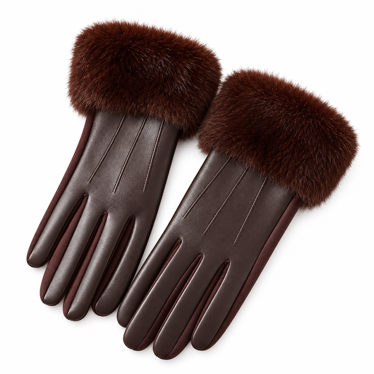 Women's Chocolate Brown Faux Leather Gloves with Faux Fur Cuffs