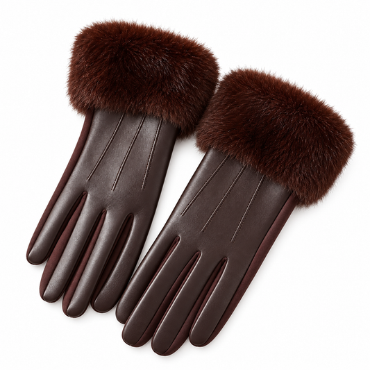 Women's Chocolate Brown Faux Leather Gloves with Faux Fur Cuffs
