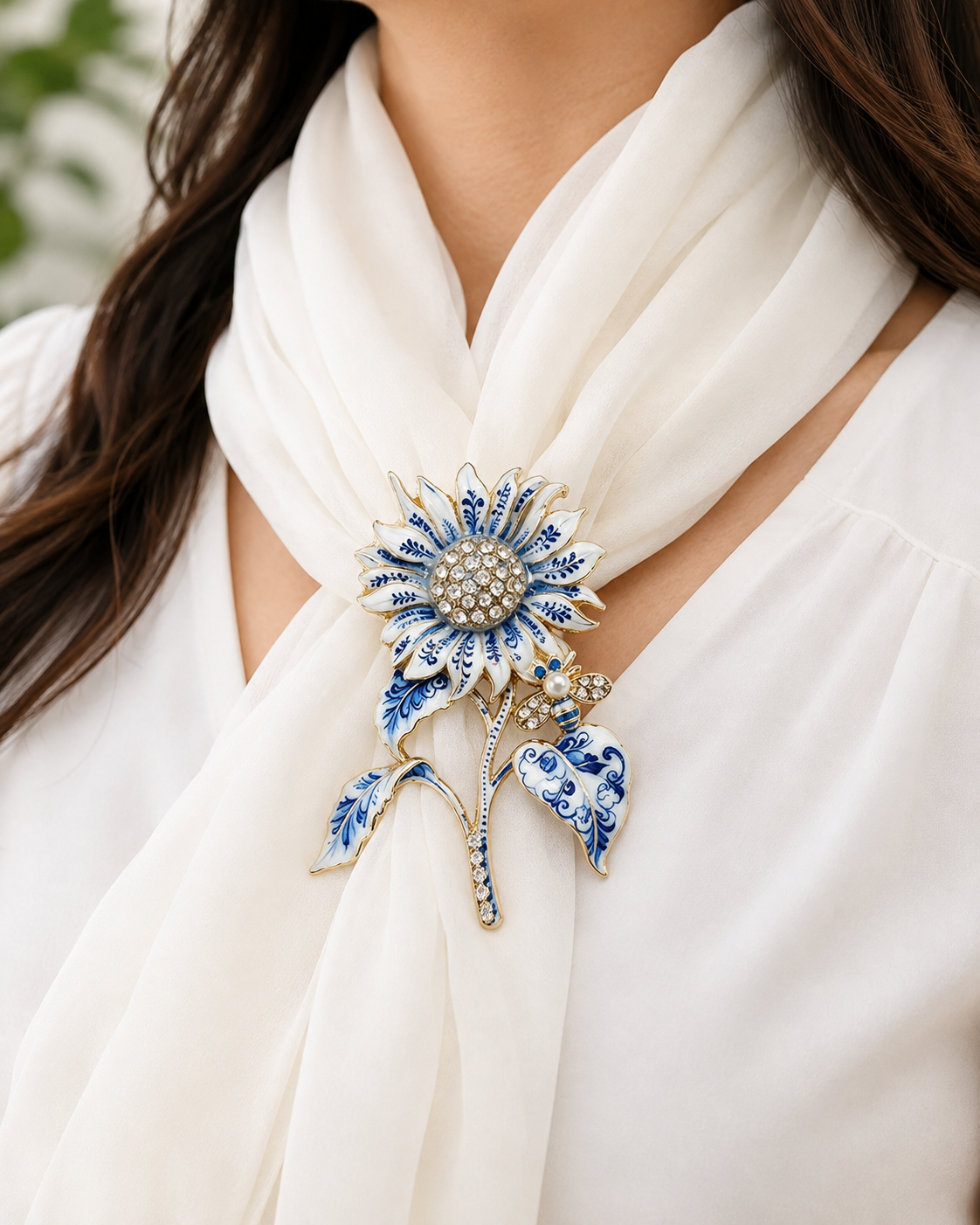 Blue Porcelain Sunflower & Bee Brooch